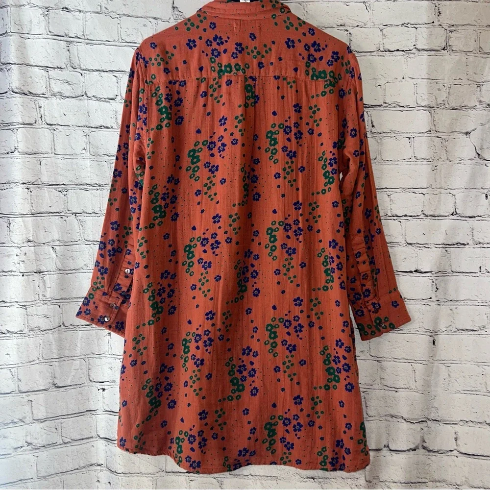 Natural Life Button Down Shirt Dress Cotton Orange with Floral Pattern Small - Picture 3 of 8